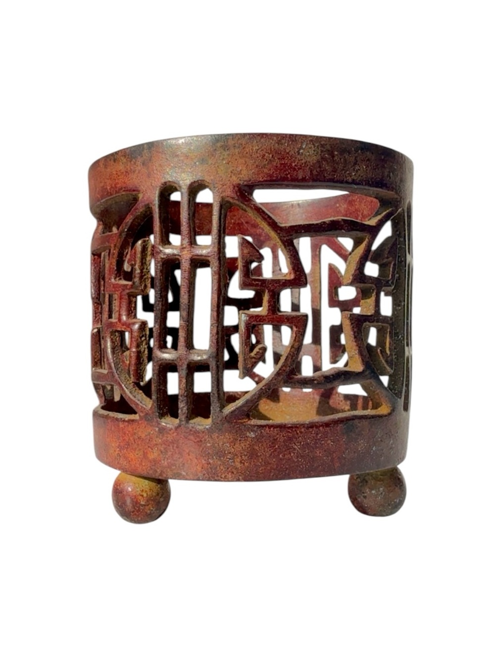 Vintage Chinese Shou Longevity Metal Votive Candle Holder Openwork Tripod Footed